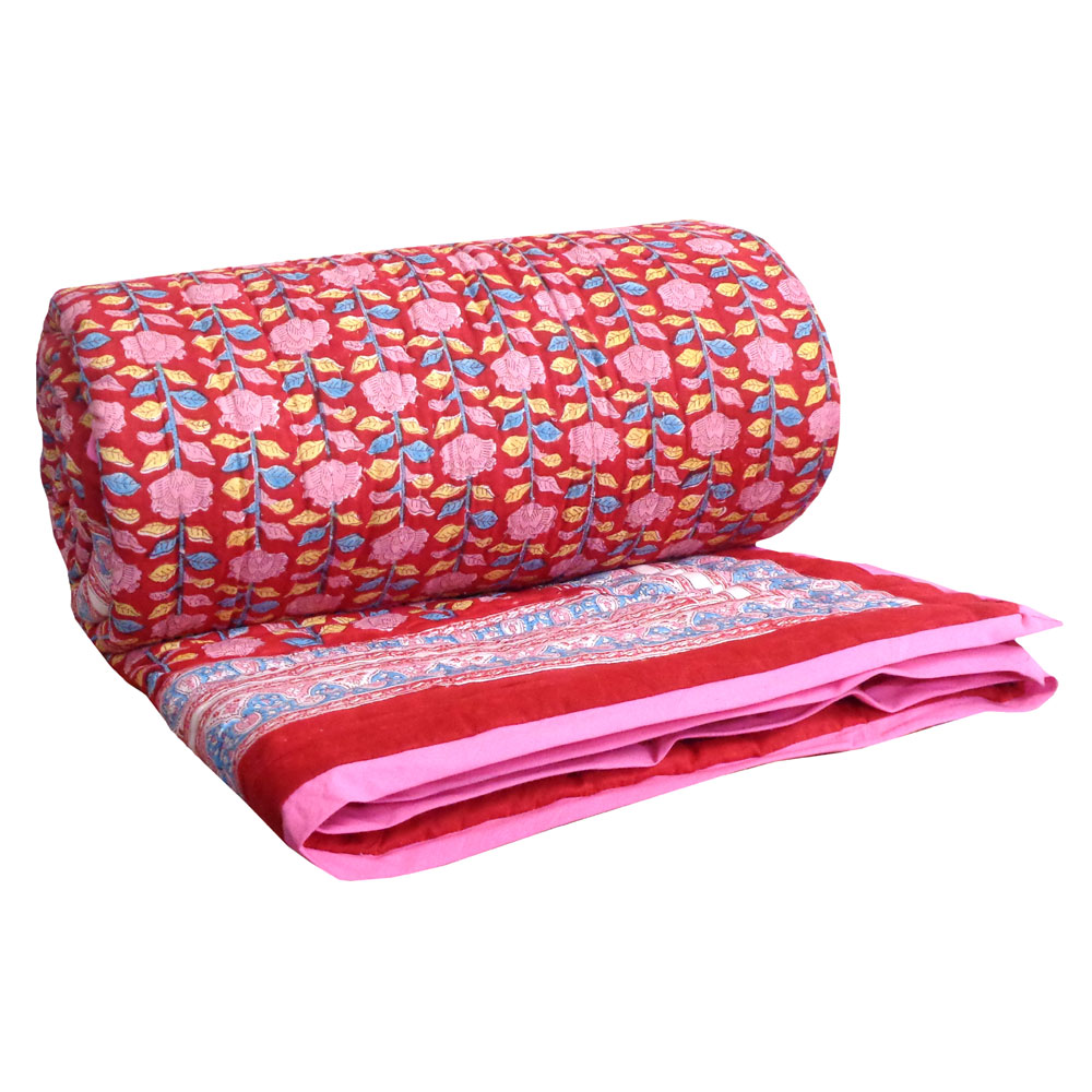Hand Block Printed Cotton Queen Size Quilt Climbing Flower Red 500928