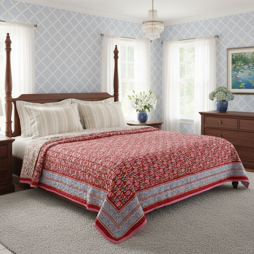 Hand Block Printed Cotton Queen Size Quilt Climbing Flower Red 500928