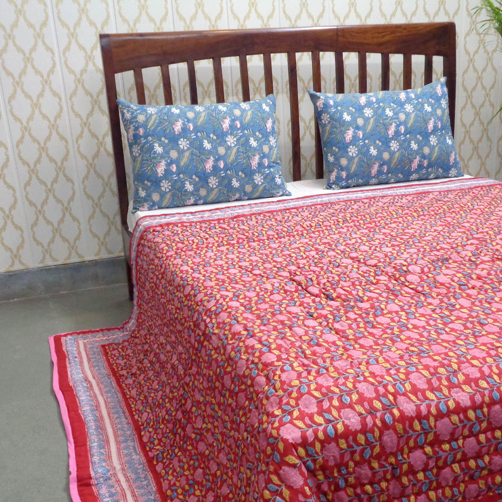 Hand Block Printed Cotton Queen Size Quilt Climbing Flower Red 500928