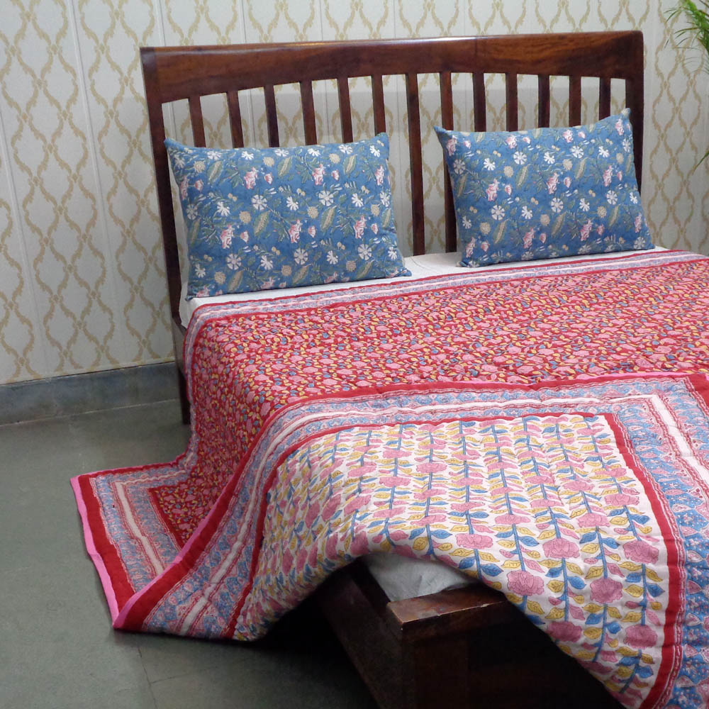 Hand Block Printed Cotton Queen Size Quilt Climbing Flower Red 500928