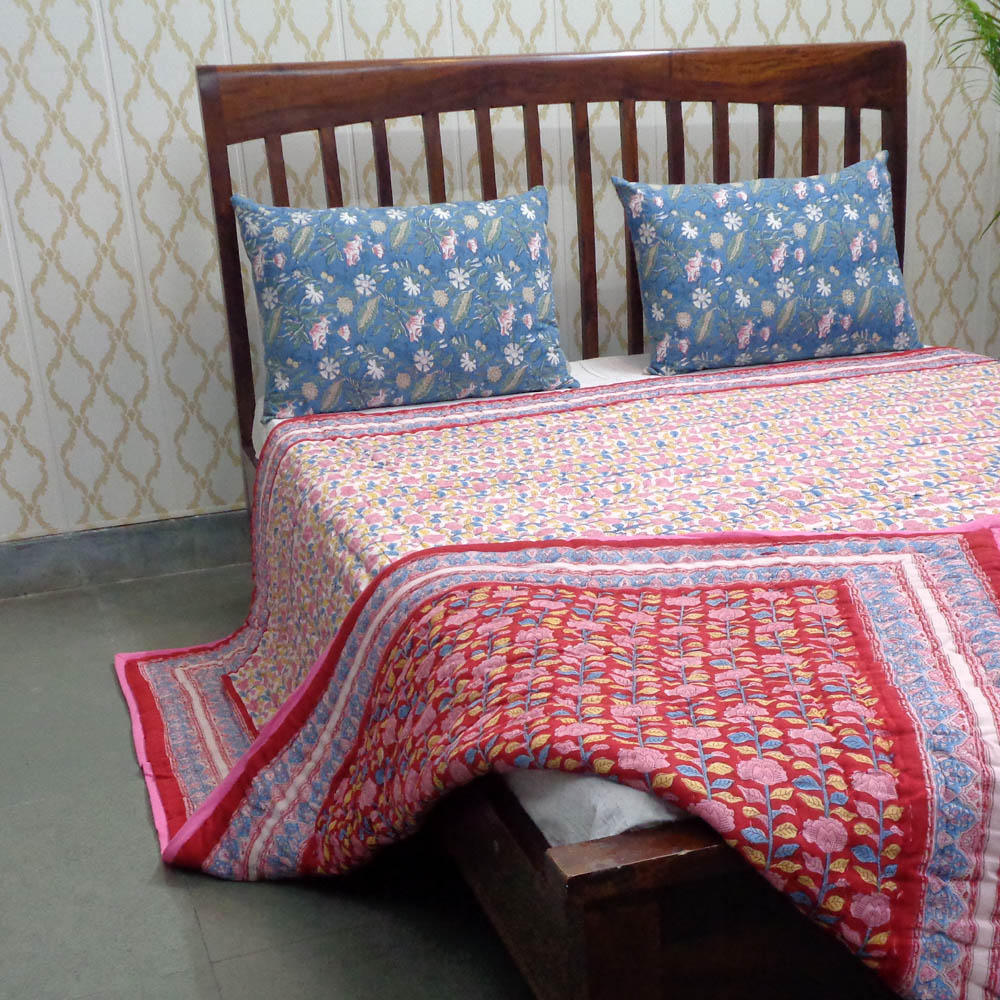 Hand Block Printed Cotton Queen Size Quilt Climbing Flower Red 500928