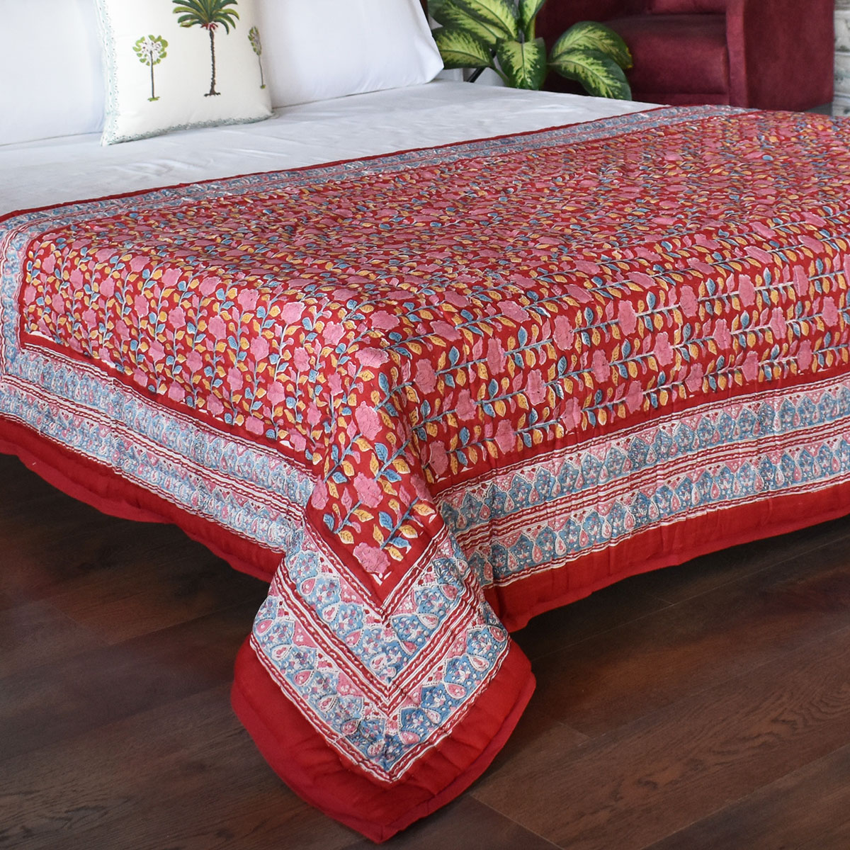 Hand Block Printed Cotton Twin Size Quilt Climbing Flower Red 501049