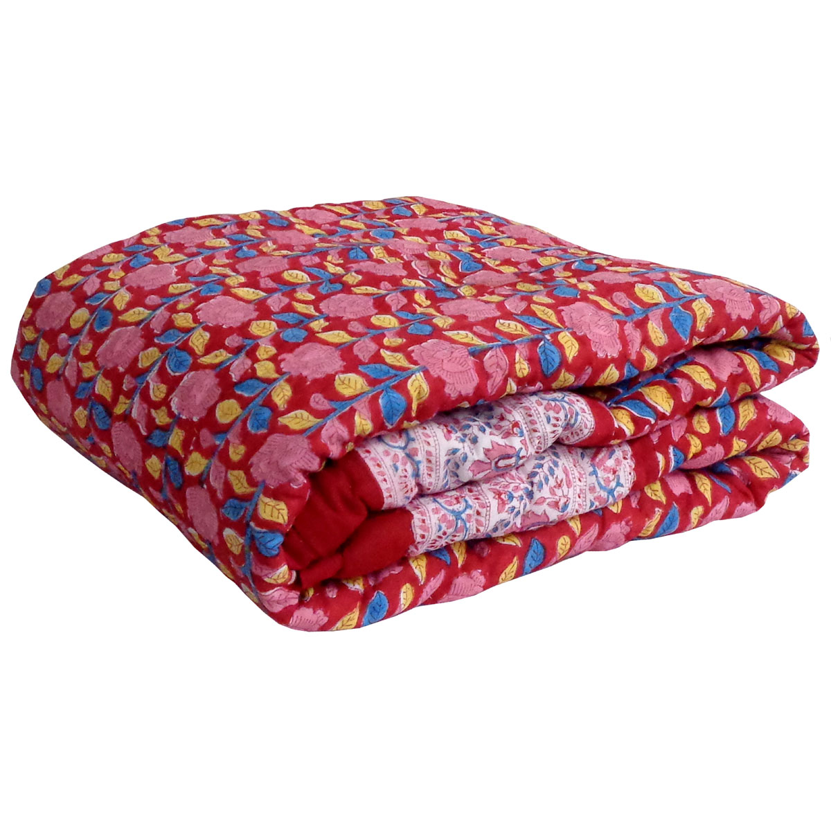 Hand Block Printed Baby Quilt  100x140 cm Jaipur Razai  Climbing Flower Red 501049