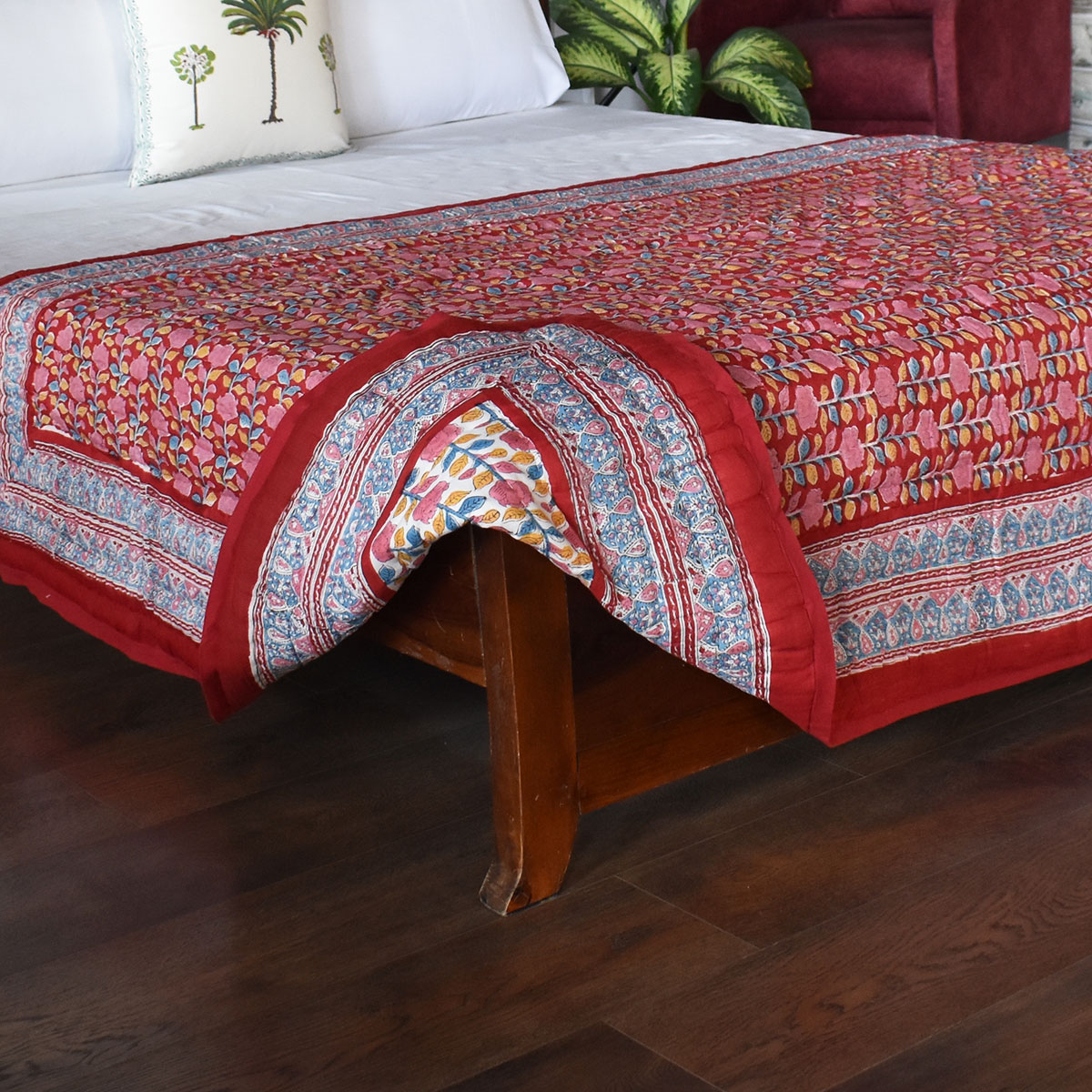 Hand Block Printed Cotton Twin Size Quilt Climbing Flower Red 501049