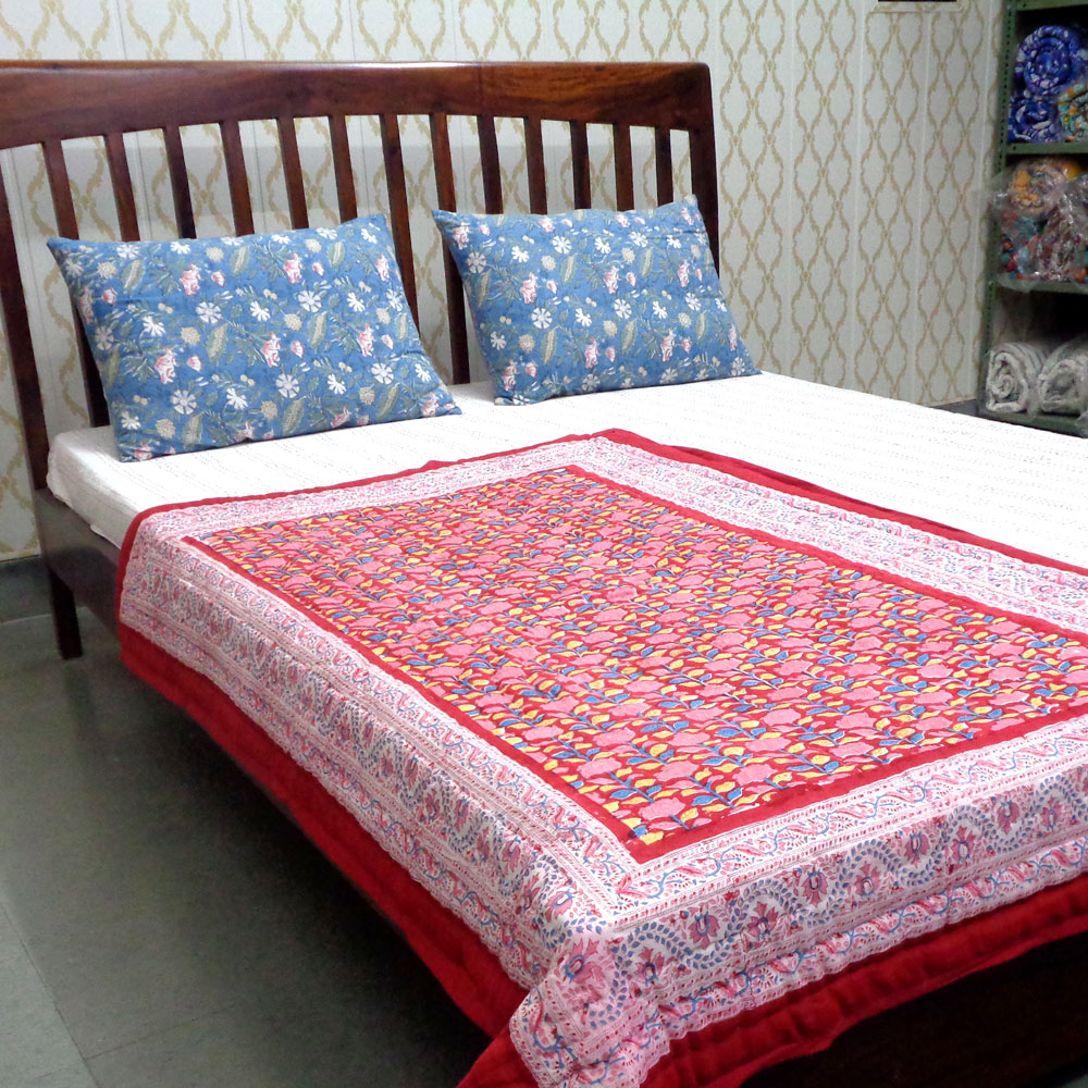 Hand Block Printed Baby Quilt  100x140 cm Jaipur Razai  Climbing Flower Red 501049
