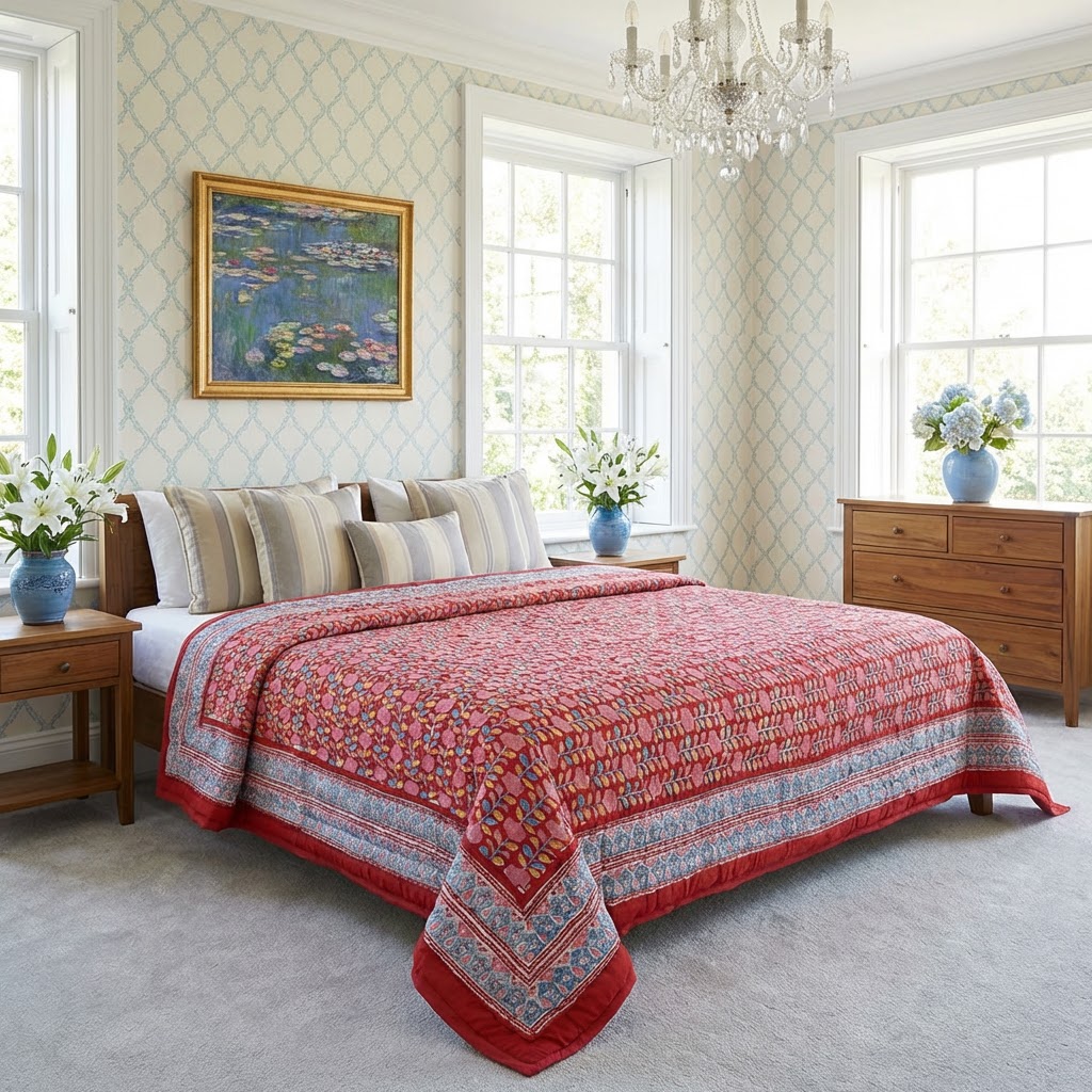 Hand Block Printed Cotton Twin Size Quilt Climbing Flower Red 501049
