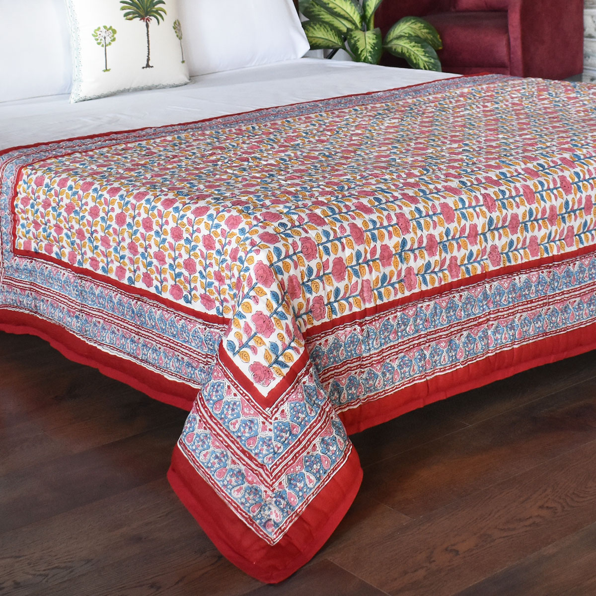 Hand Block Printed Cotton Twin Size Quilt Climbing Flower Red 501049