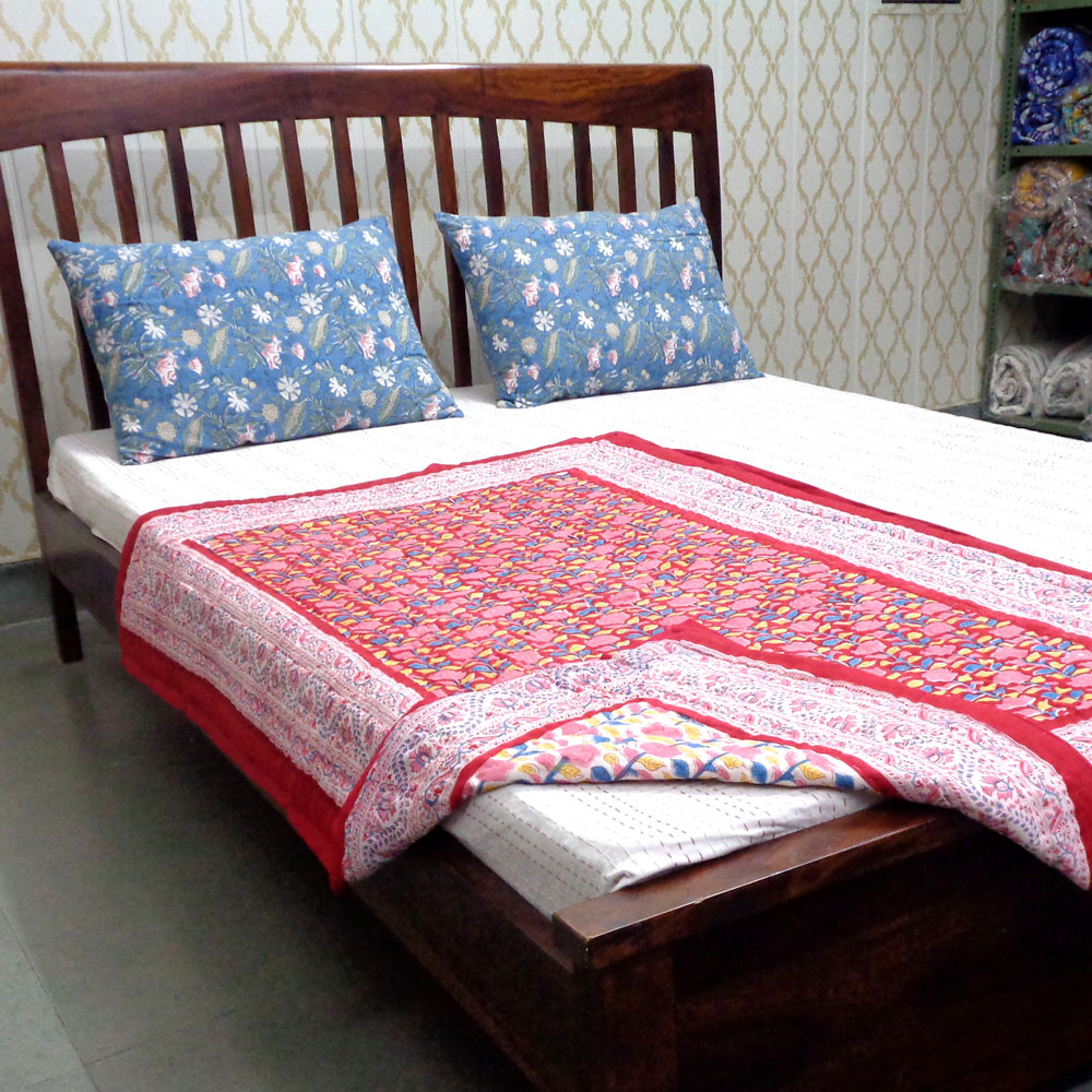 Hand Block Printed Baby Quilt  100x140 cm Jaipur Razai  Climbing Flower Red 501049