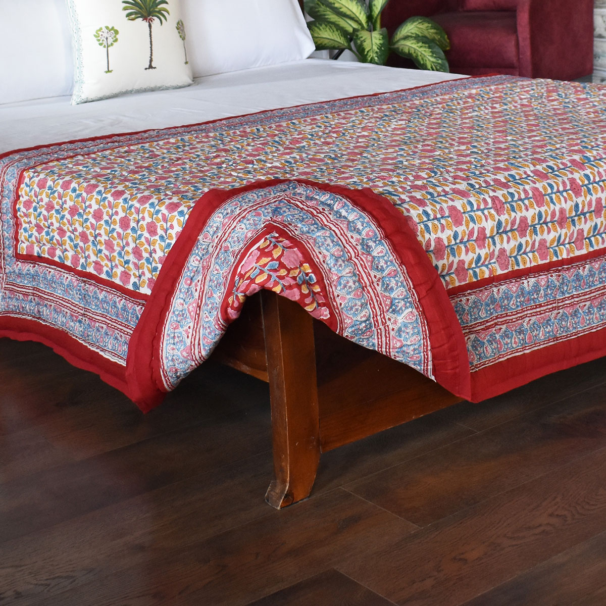 Hand Block Printed Cotton Twin Size Quilt Climbing Flower Red 501049
