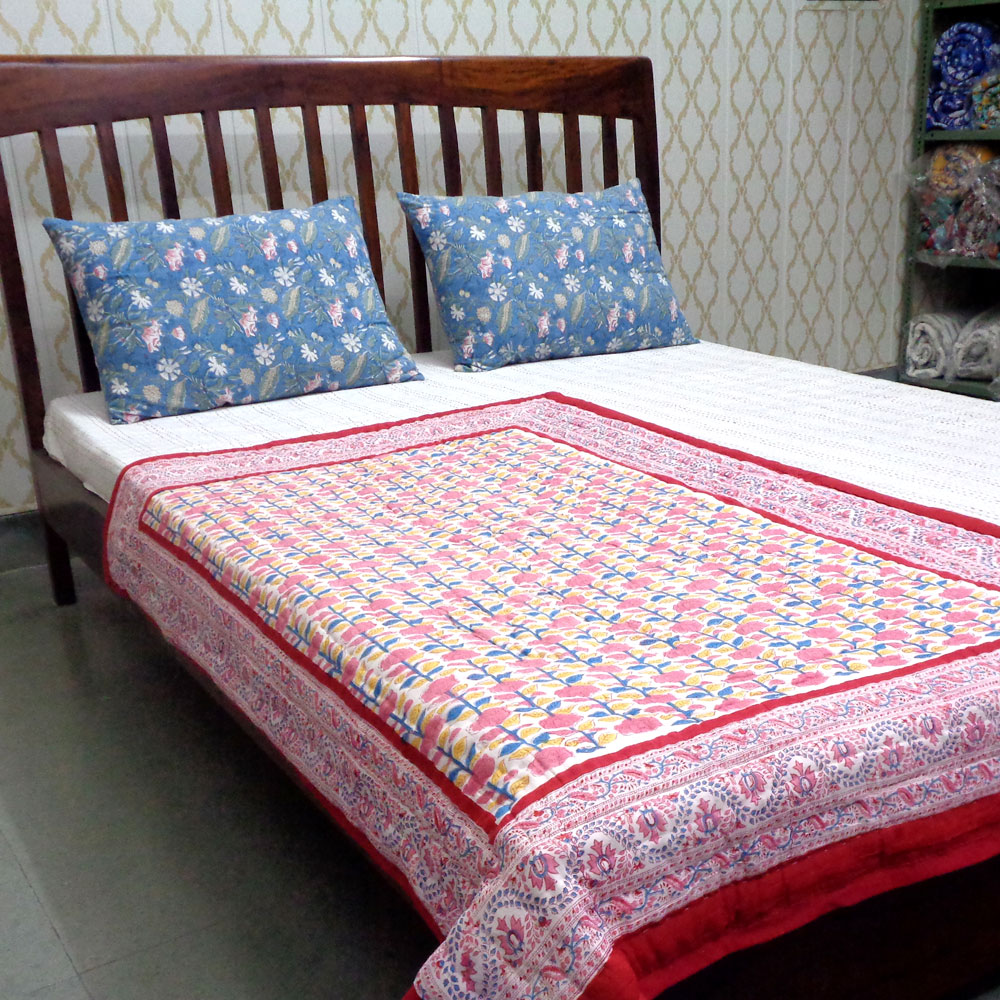 Hand Block Printed Baby Quilt  100x140 cm Jaipur Razai  Climbing Flower Red 501049