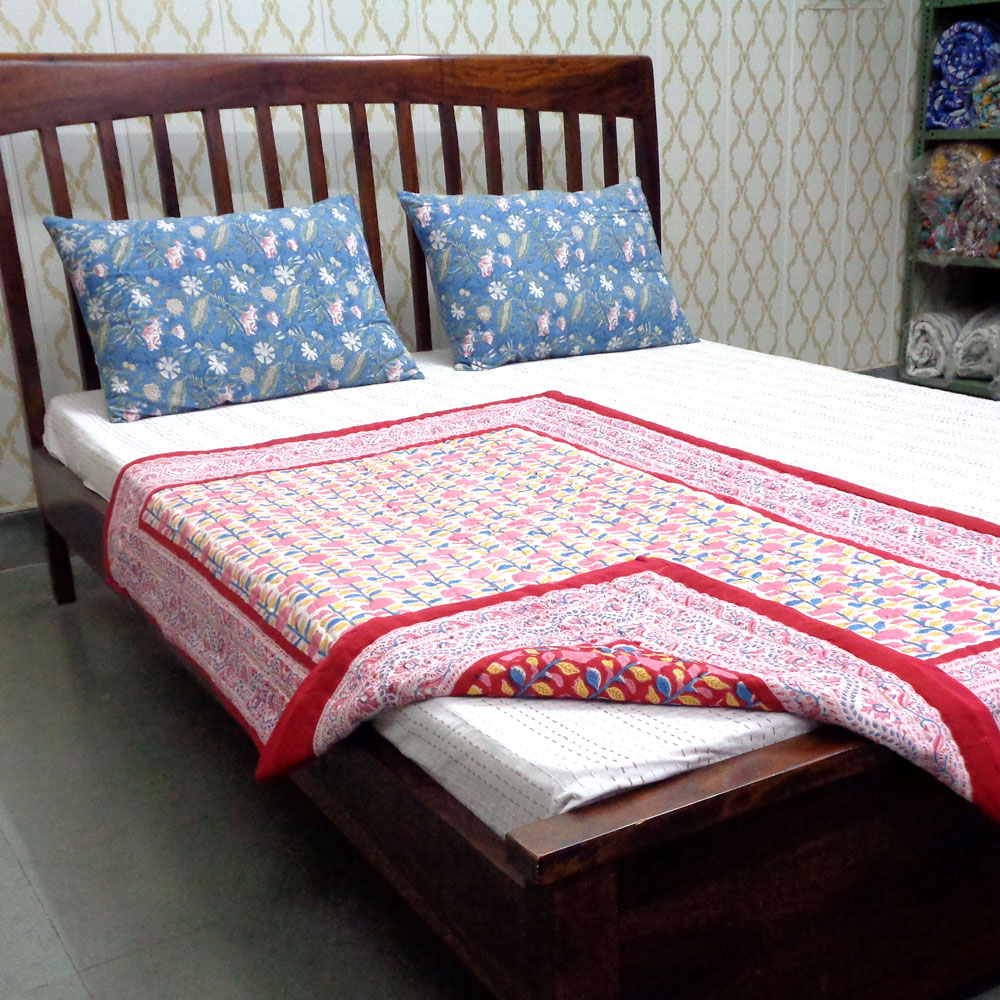 Hand Block Printed Baby Quilt  100x140 cm Jaipur Razai  Climbing Flower Red 501049