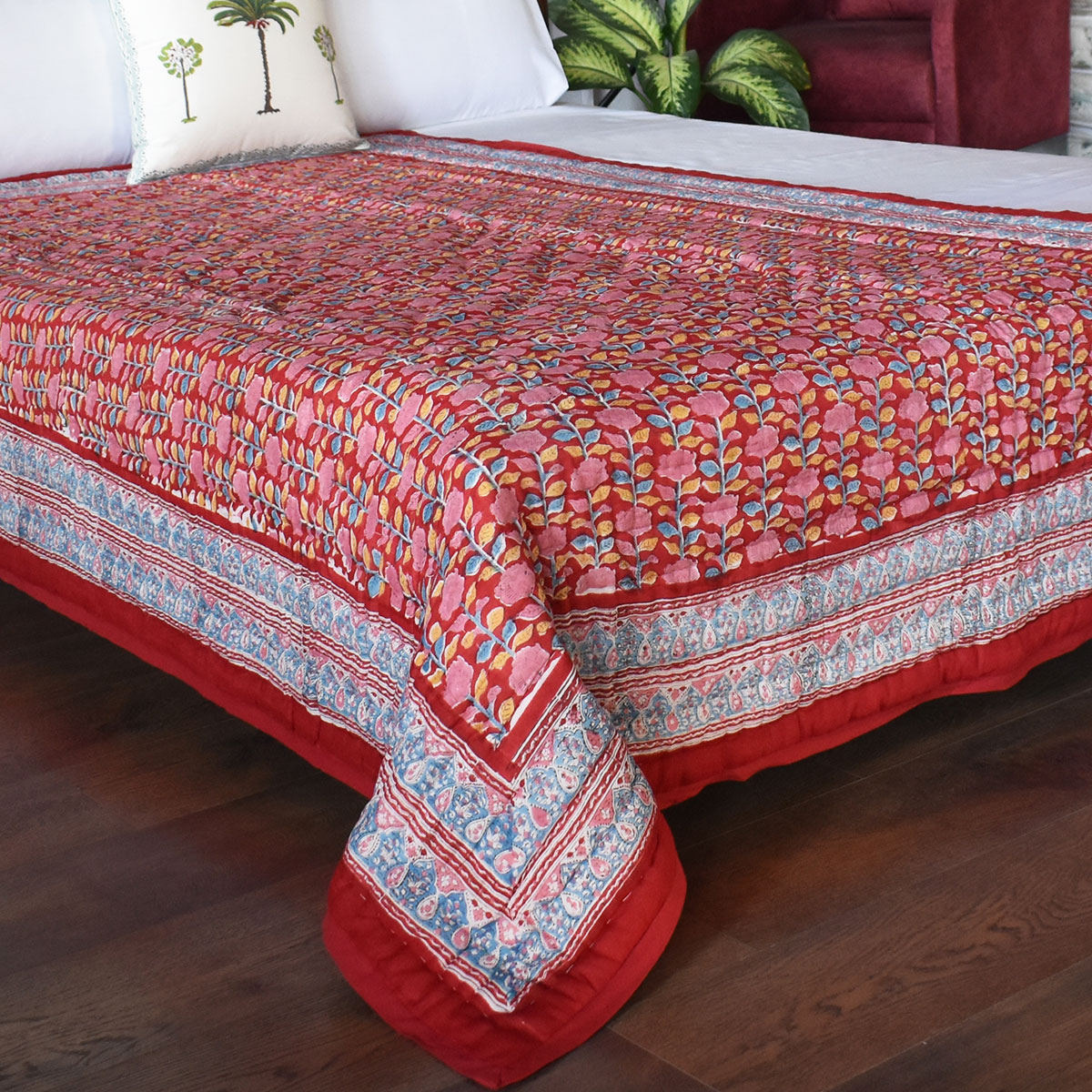 Hand Block Printed Cotton Twin Size Quilt Climbing Flower Red 501049