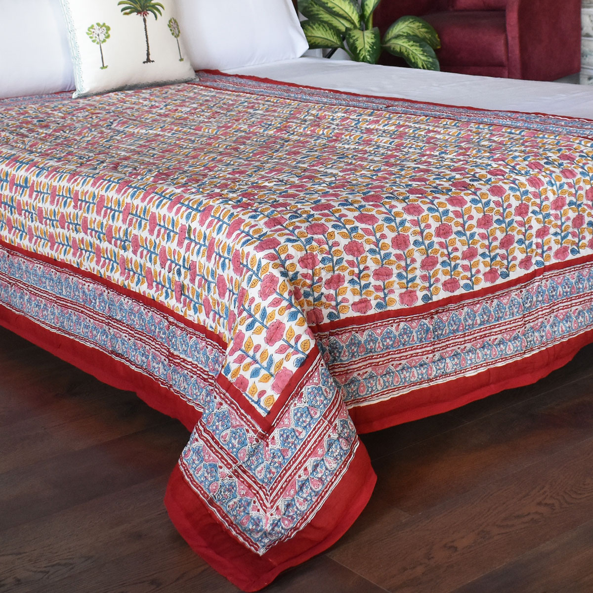 Hand Block Printed Cotton Twin Size Quilt Climbing Flower Red 501049