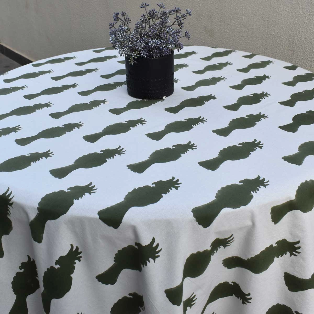 Round 220 cms Cotton French Design Table Cover Cockatoo Olive Green 271021