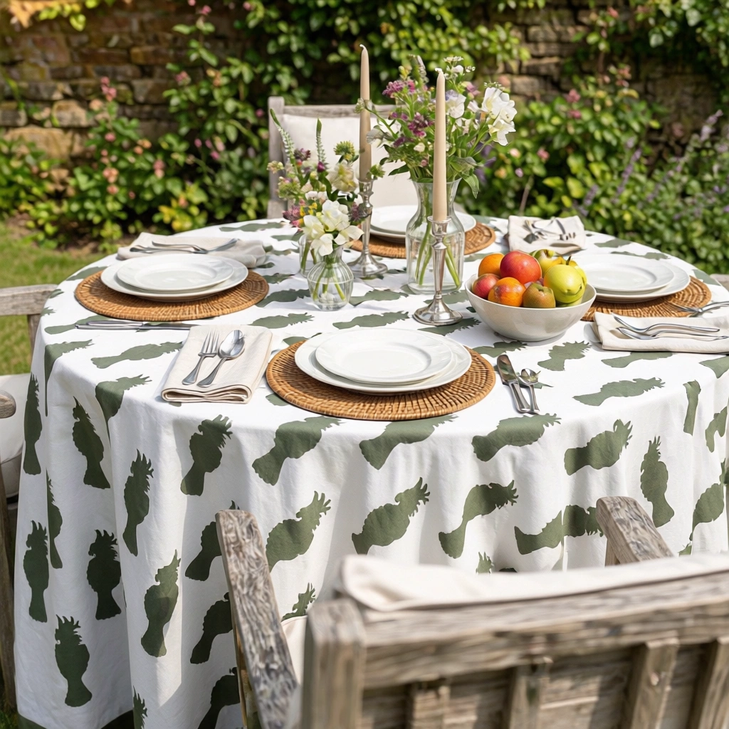 Round 220 cms Cotton French Design Table Cover  Cockatoo Olive Green 271021