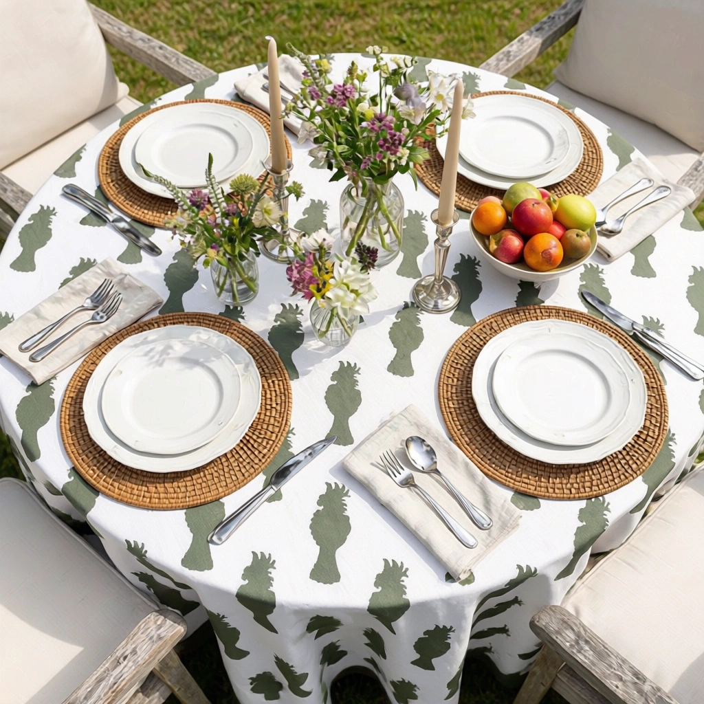 Round 220 cms Cotton French Design Table Cover Cockatoo Olive Green 271021