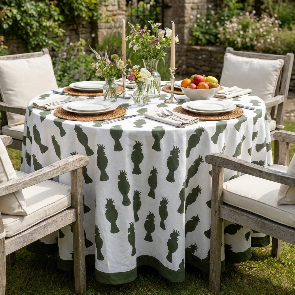 Round 220 cms Cotton French Design Table Cover Cockatoo Olive Green 271021