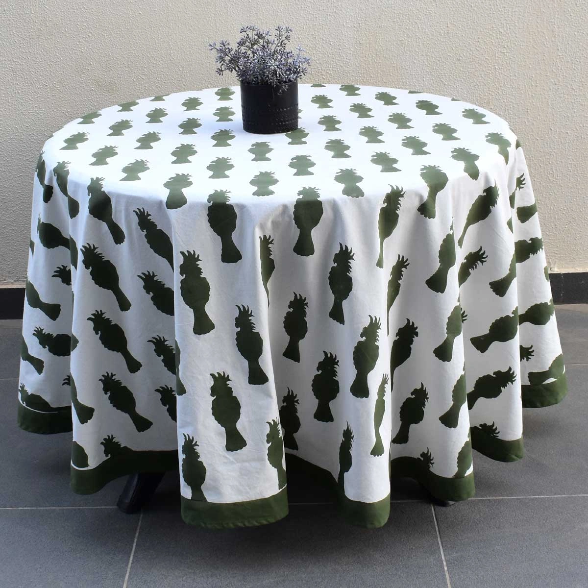 Round 220 cms Cotton French Design Table Cover Cockatoo Olive Green 271021