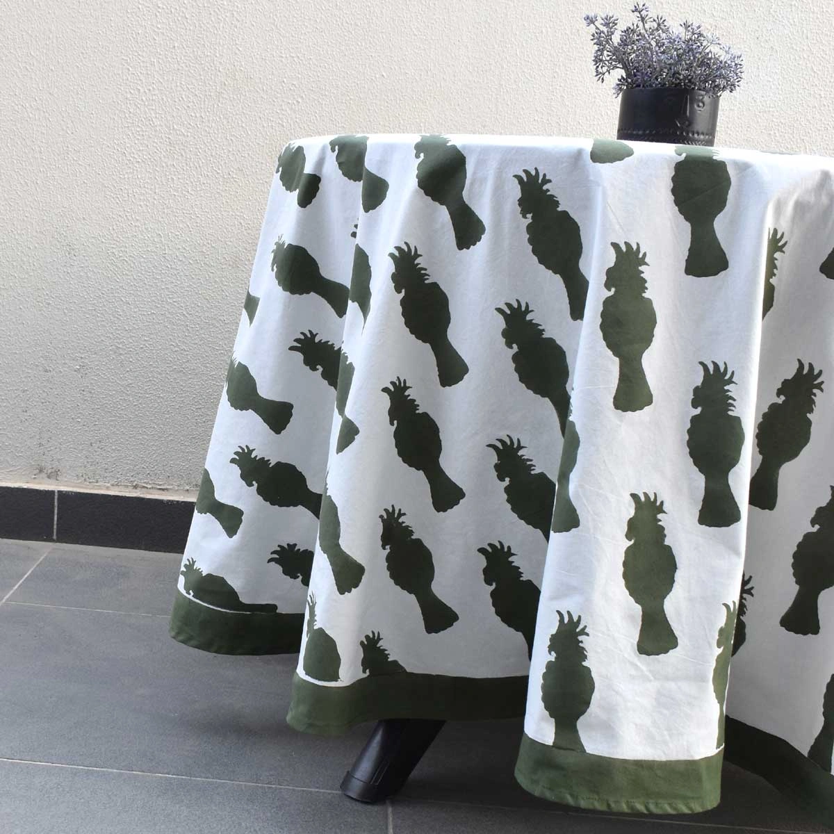 Round 220 cms Cotton French Design Table Cover  Cockatoo Olive Green 271021