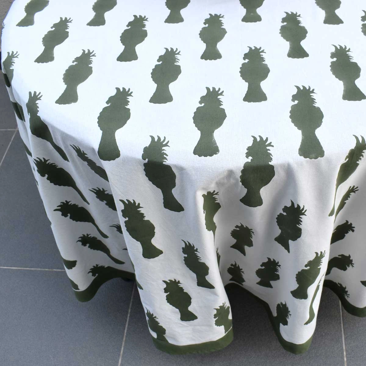 Round 220 cms Cotton French Design Table Cover Cockatoo Olive Green 271021