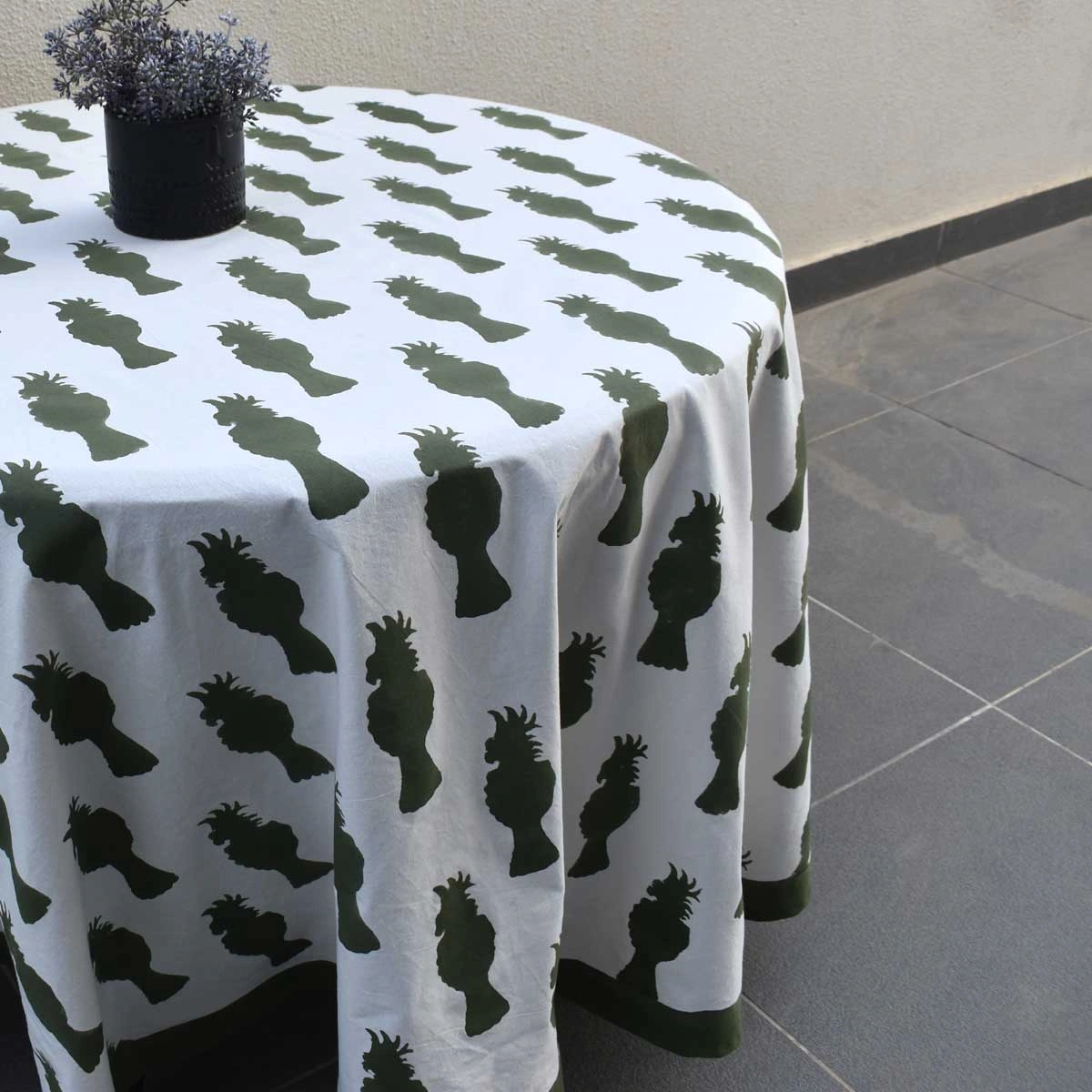 Round 220 cms Cotton French Design Table Cover  Cockatoo Olive Green 271021