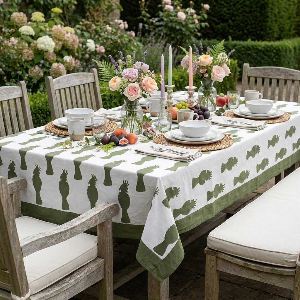 Hand Block Printed Cotton Tablecloth 150x220 cms Cockatoo Olive Green 271021
