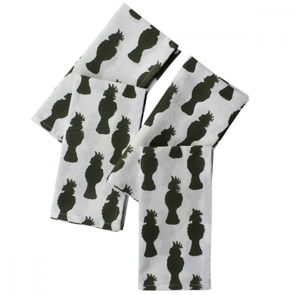 Image of Cockatoo Olive Green 271021 Hand Block Printed Absorbent Cloth Napkins – Set of 4