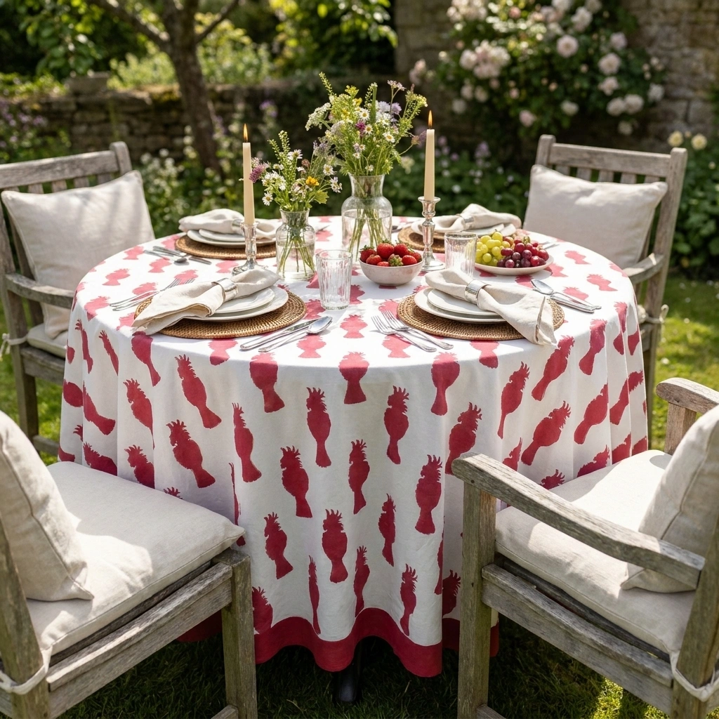 Round 220 cms Cotton French Design Table Cover Cockatoo Red 271022