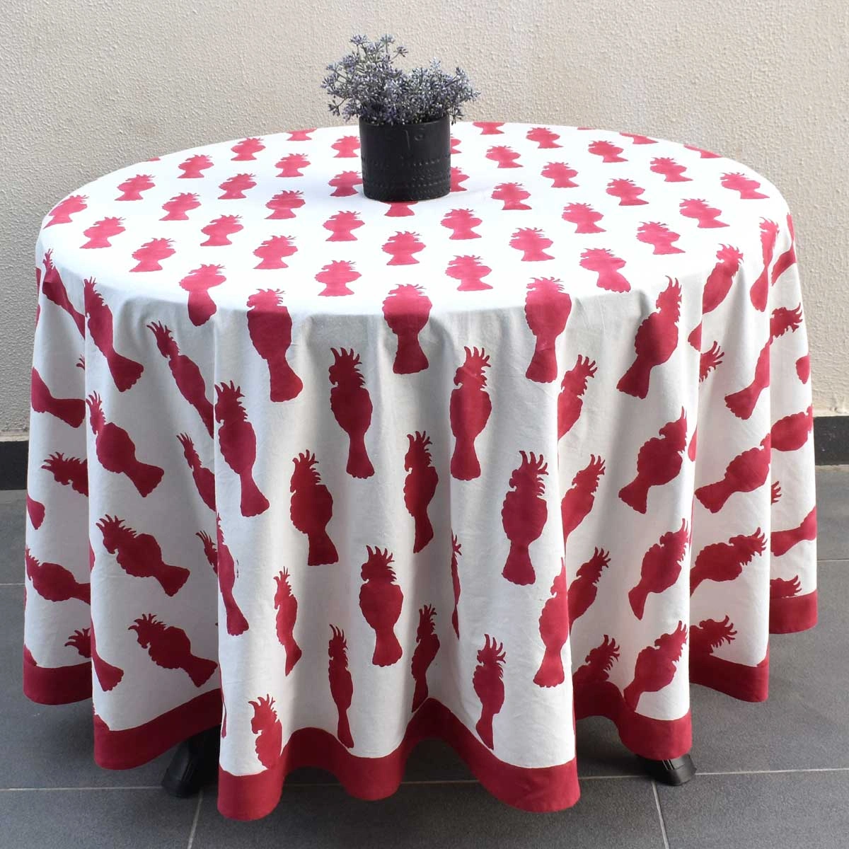 Round 220 cms Cotton French Design Table Cover Cockatoo Red 271022