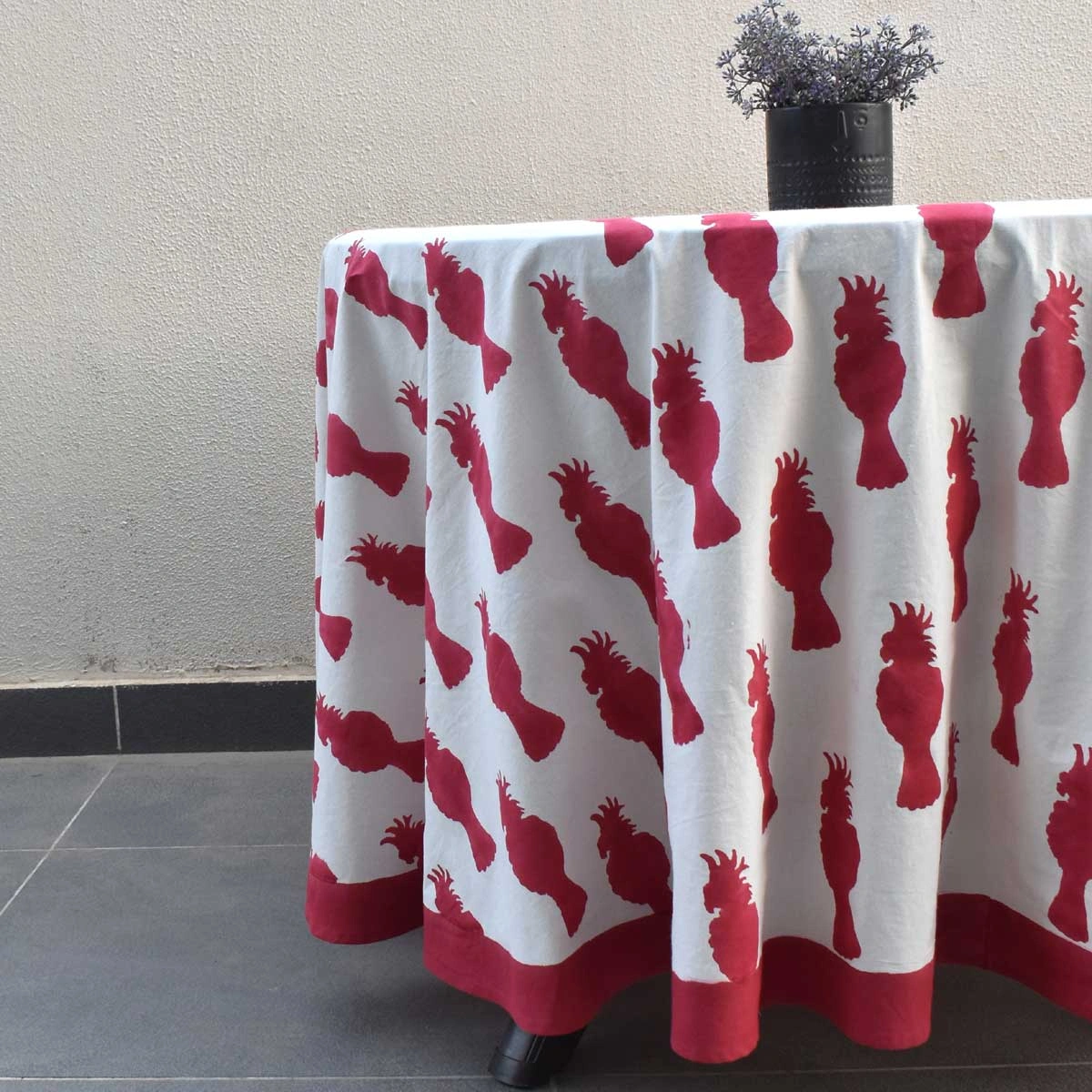 Round 220 cms Cotton French Design Table Cover  Cockatoo Red 271022