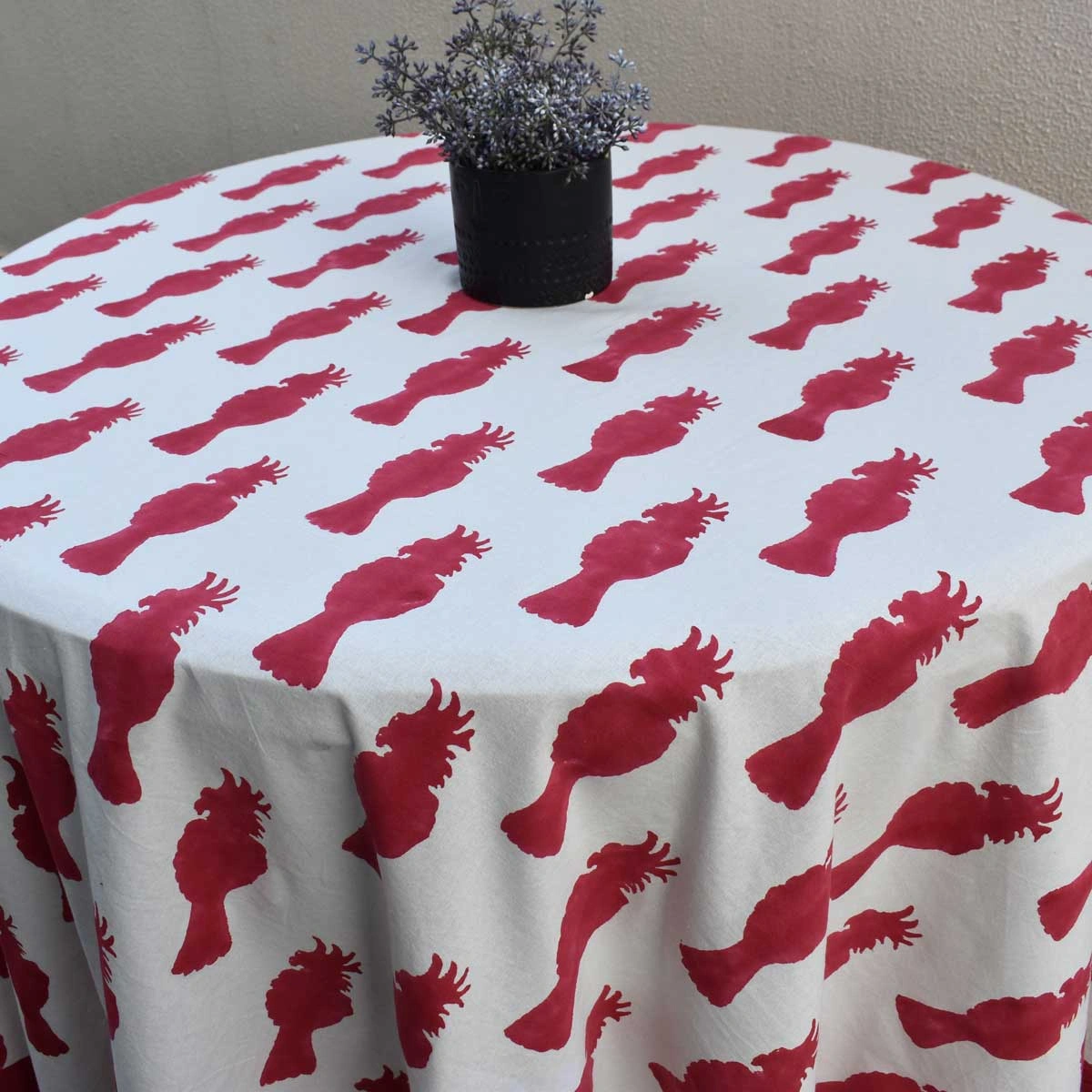 Round 220 cms Cotton French Design Table Cover Cockatoo Red 271022