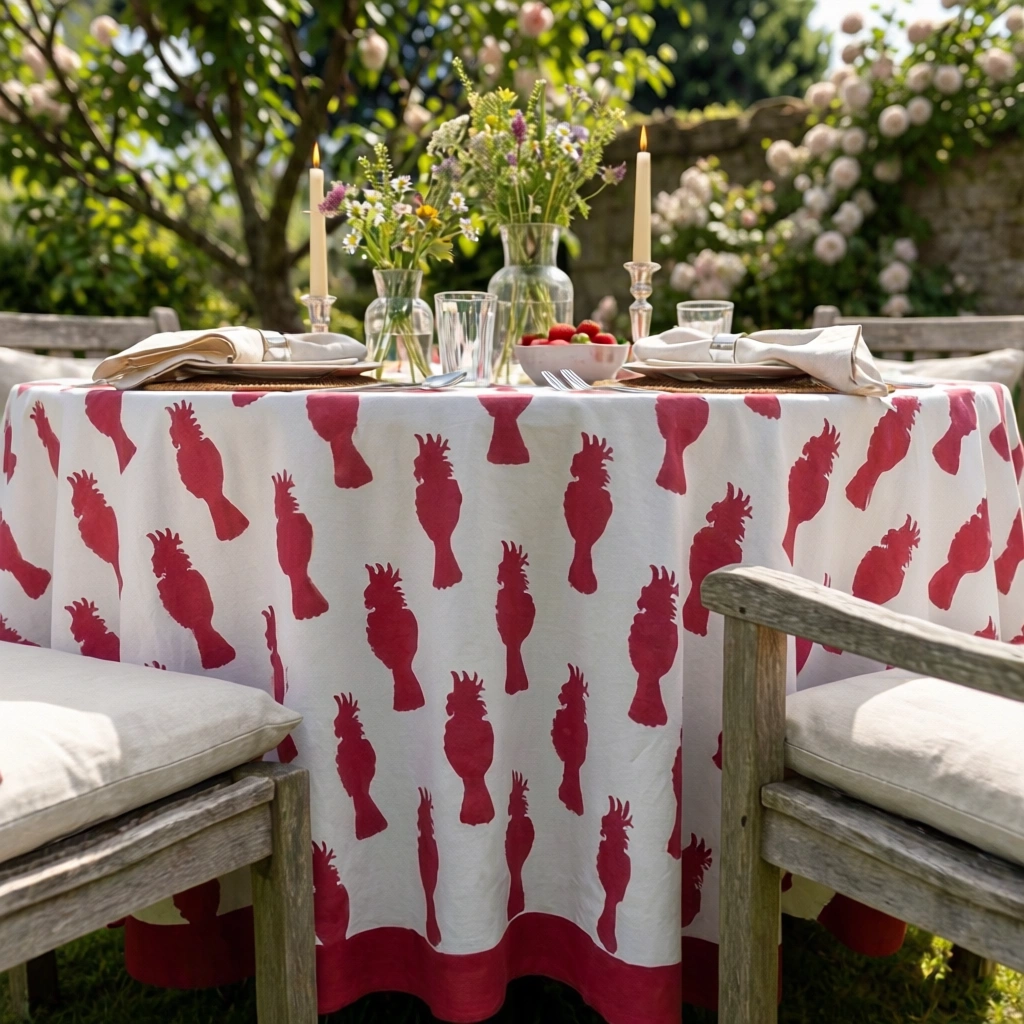 Round 220 cms Cotton French Design Table Cover  Cockatoo Red 271022