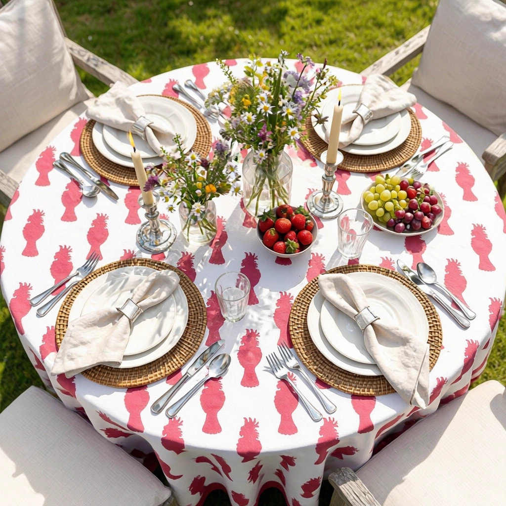 Round 220 cms Cotton French Design Table Cover  Cockatoo Red 271022