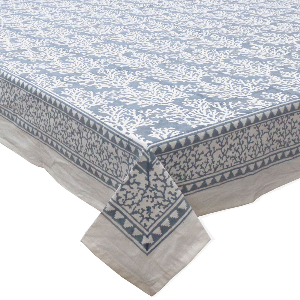 Hand Block Printed Cotton Tablecloth 150x220 cms Coral Ashley Grey 701931