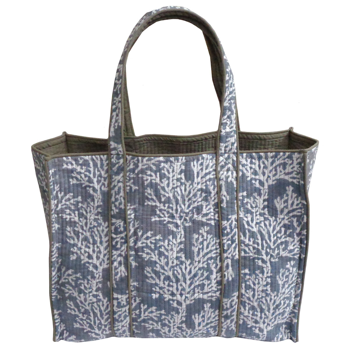Hand Block Printed Cotton Quilted Tote Bag Coral Ashley Grey 701931