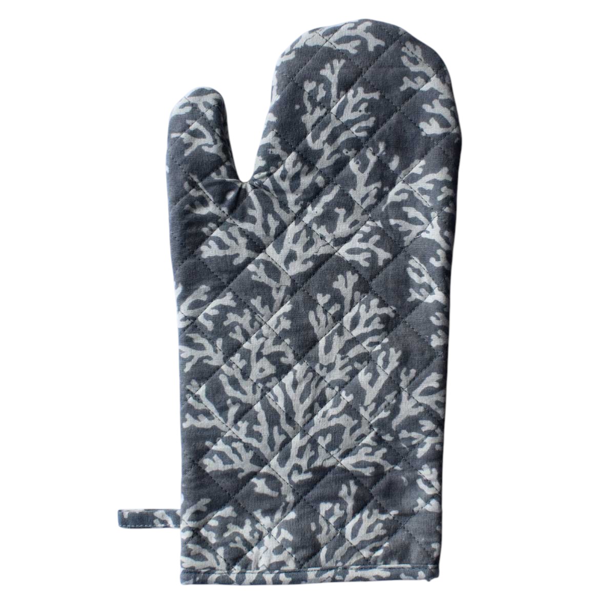 Artisan-Made Hand Block Printed Oven Mitt and Pot Holder Set Coral Ashley Grey 701931