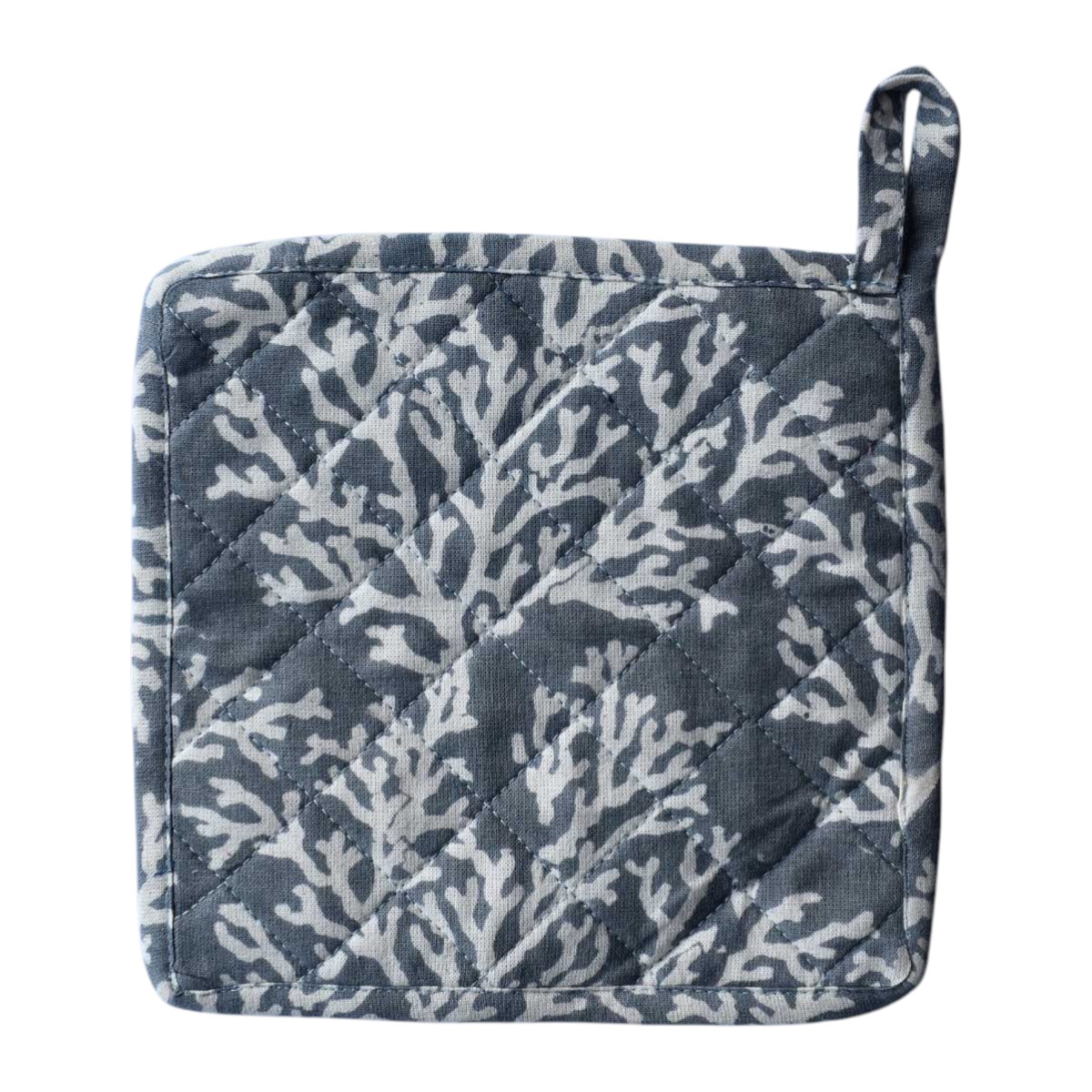 Artisan-Made Hand Block Printed Oven Mitt and Pot Holder Set Coral Ashley Grey 701931