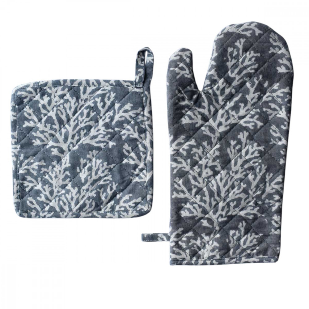Image of Artisan-Made Hand Block Printed Oven Mitt and Pot Holder Set | Coral Ashley Grey 701931