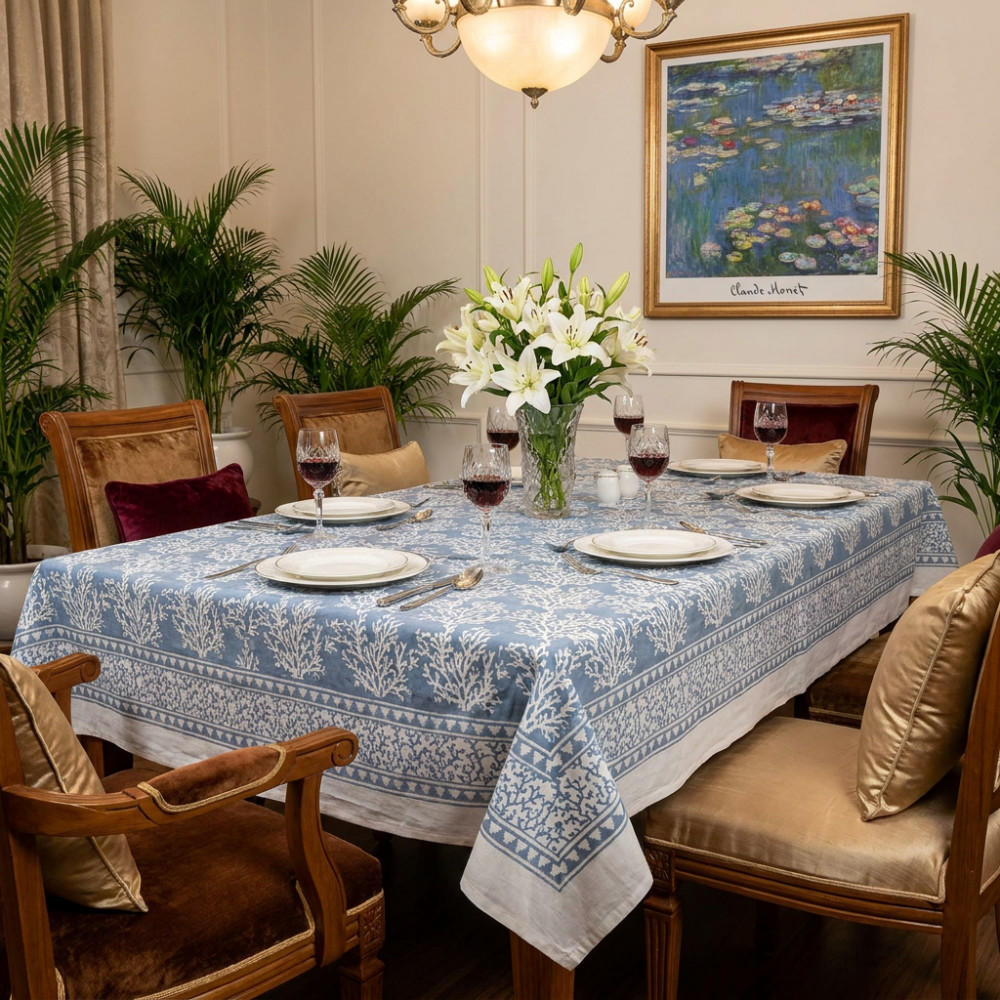 Image of Hand Block Printed Cotton Tablecloth 150x220 cms | Coral Ashley Grey 701931