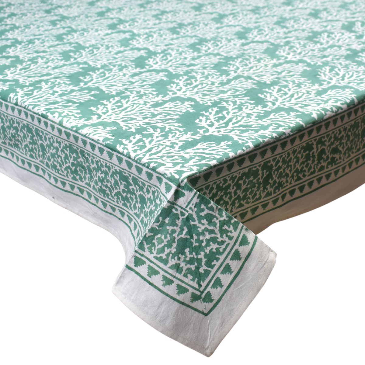 Wood Block Printed Handmade Tablecloth 150x220 cms Coral Green 202530