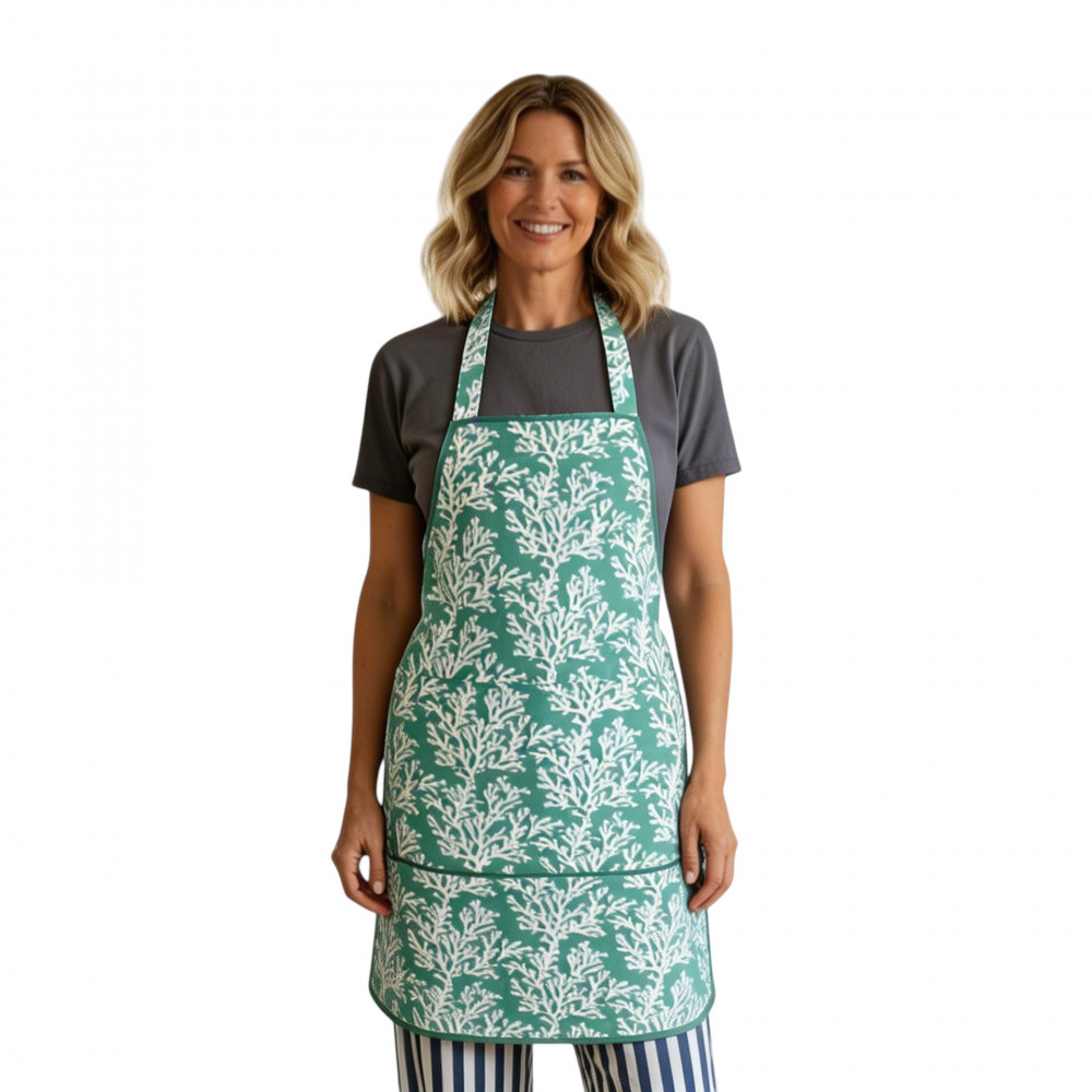 Image of Indian Block-Printed 100% Cotton Apron | Coral Green 202530