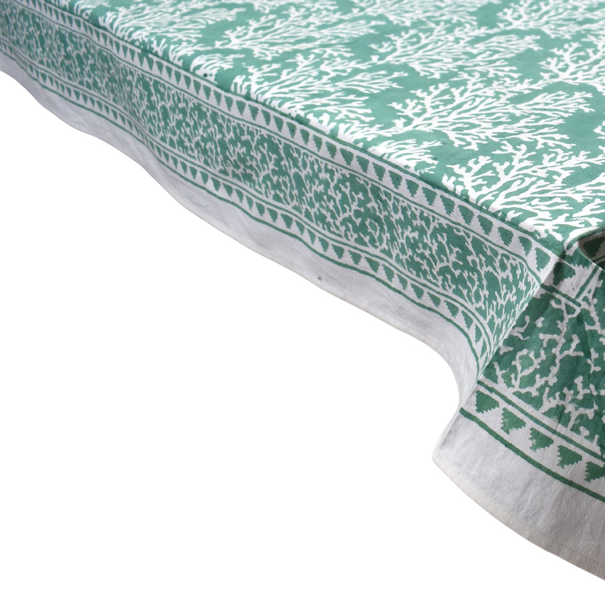 Wood Block Printed Handmade Tablecloth 150x220 cms Coral Green 202530