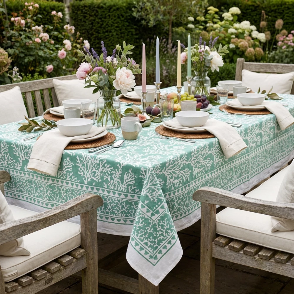Image of Wood Block Printed Handmade Tablecloth 150x220 cms | Coral Green 202530