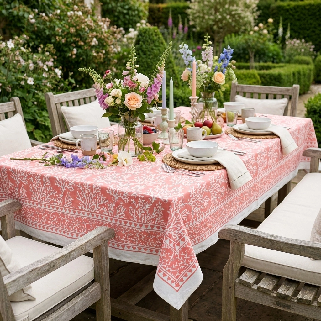 Wood Block Printed Handmade Tablecloth 150x220 cms Coral Jaipur Pink 202528