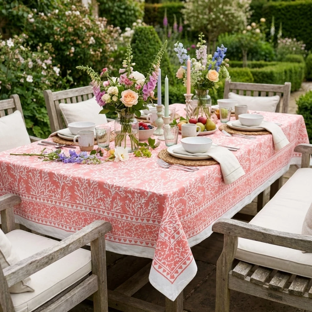 Image of Wood Block Printed Handmade Tablecloth 150x220 cms | Coral Jaipur Pink 202528