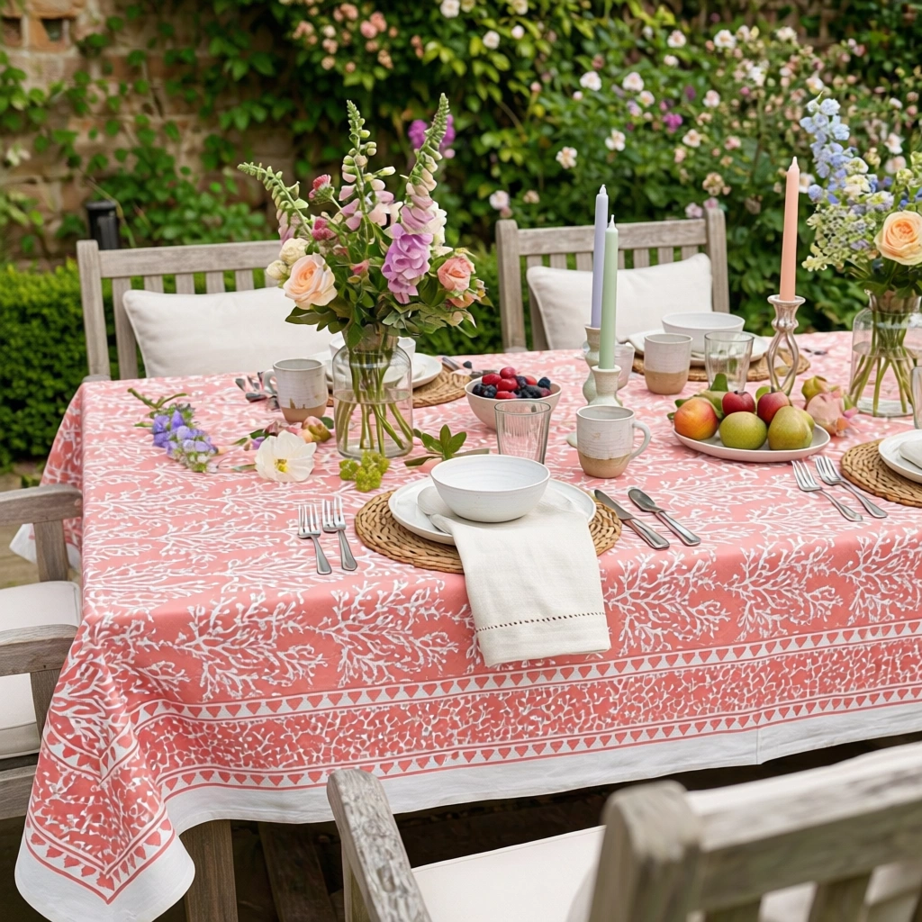 Wood Block Printed Handmade Tablecloth 150x220 cms Coral Jaipur Pink 202528