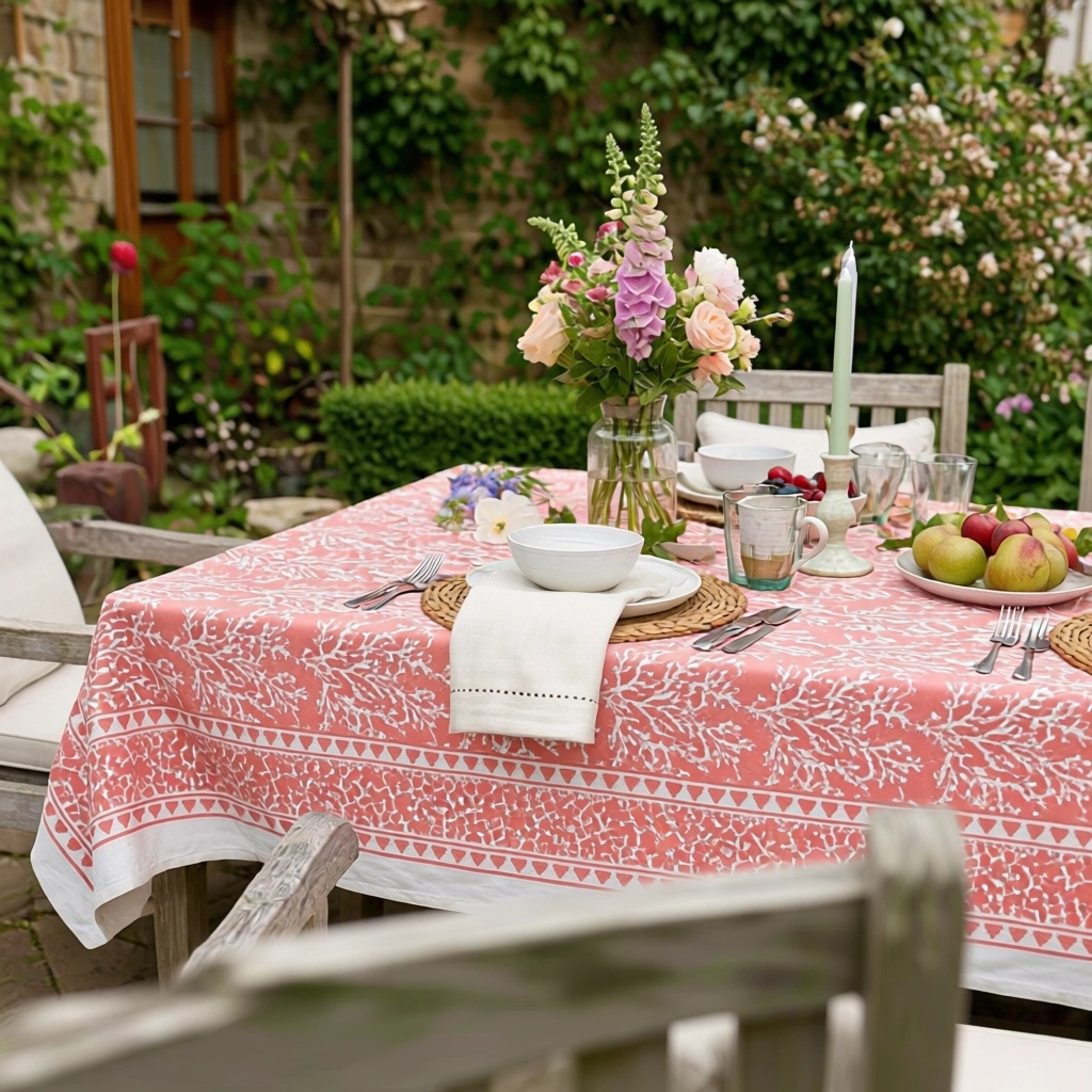 Wood Block Printed Handmade Tablecloth 150x220 cms Coral Jaipur Pink 202528