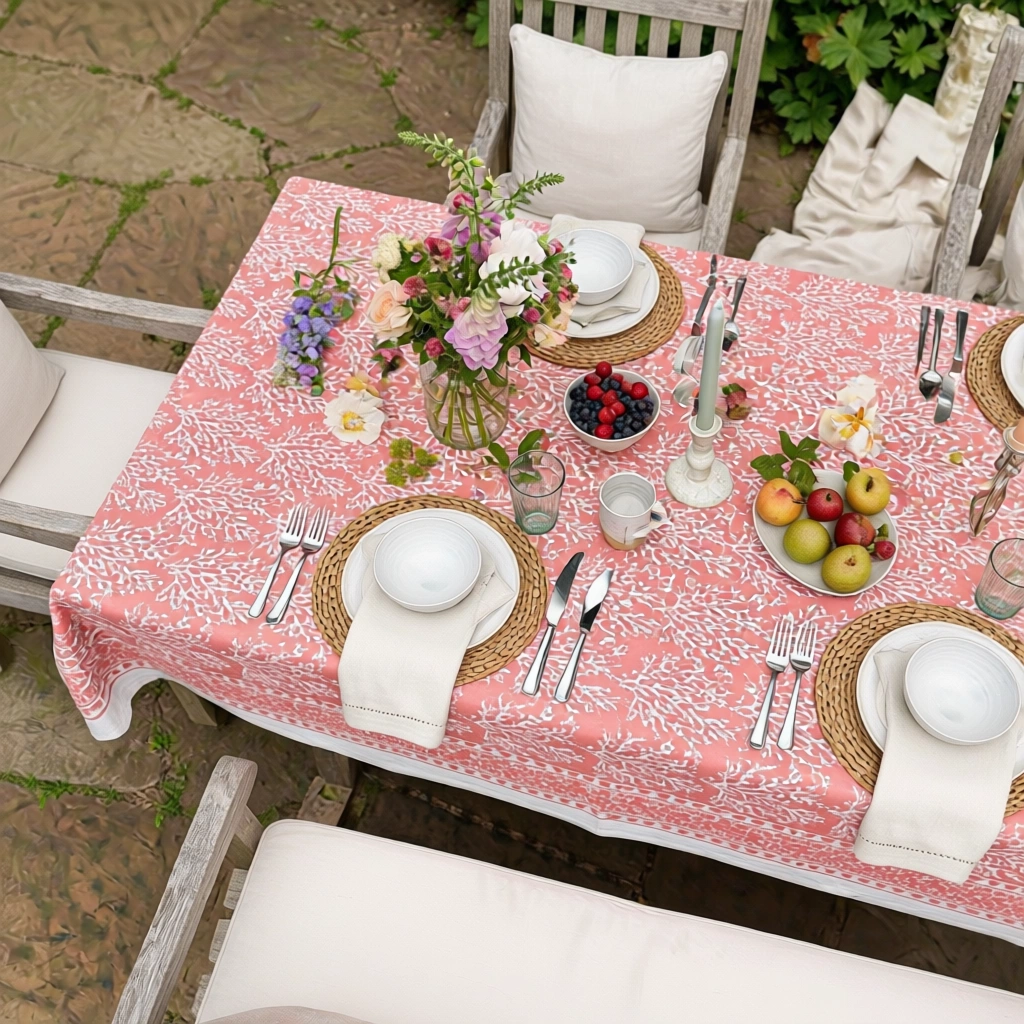 Wood Block Printed Handmade Tablecloth 150x220 cms Coral Jaipur Pink 202528