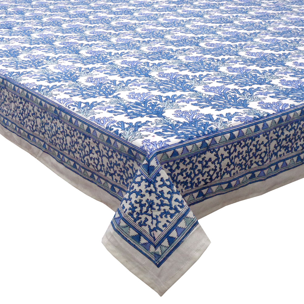 Hand Block Printed Cotton Tablecloth 150x220 cms Coral Multi Blue 502087