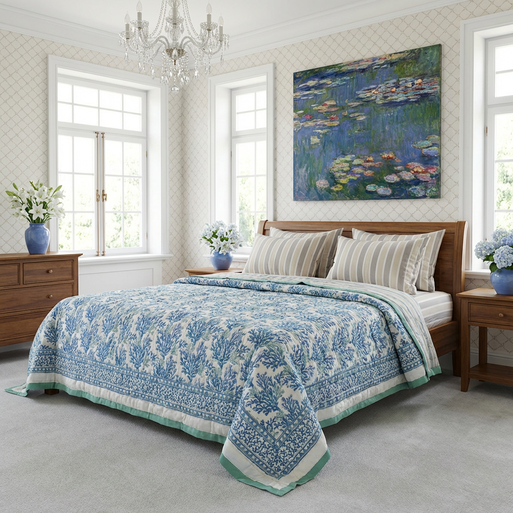 Hand Block Printed Cotton Quilt King Size Coral Multi Blue 502087